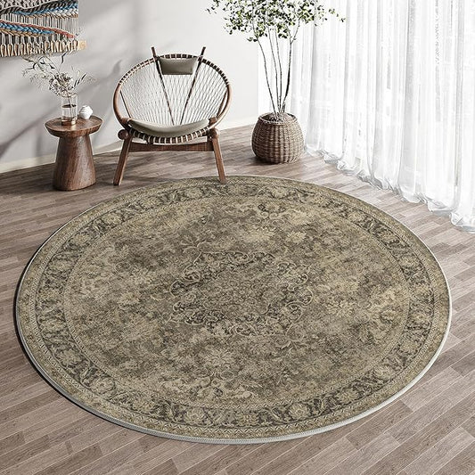 5x5 Washable Round Rug Brown Vintage Non Slip Soft Low Pile Circle Rug for Living Room Bedroom Distressed Oriental Indoor Carpet for Dining Room Office Entryway Home Decor