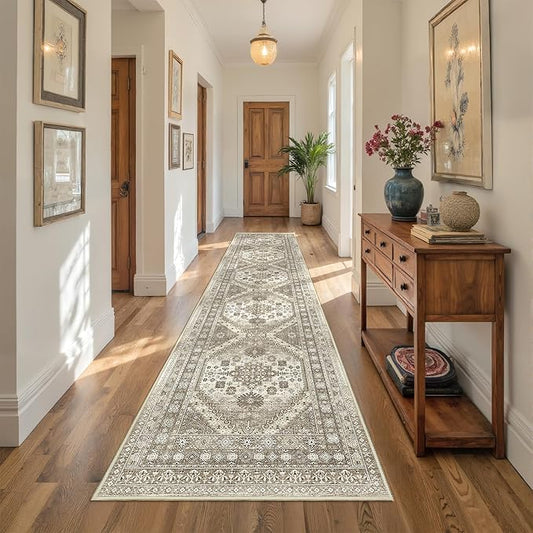 Carpet Runners for Hallway 12ft, Non-Slip Long Bathroom Rugs Runner for Kitchen, Living Room, Bedroom, Soft Vintage Washable Rug for Entryway, Thin Floor Mat for Dining Room(Brown,2.5'x12')