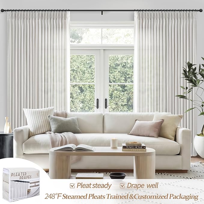 Off White Light Filtering 60 Inch Wide Bedroom Curtains 120 Inches Extra Long, Memory Trained Pinch Pleated Flax Linen Semi Sheer Windows Drapes Privacy Decorative Curtain 10 FT Length 2 Panels Set