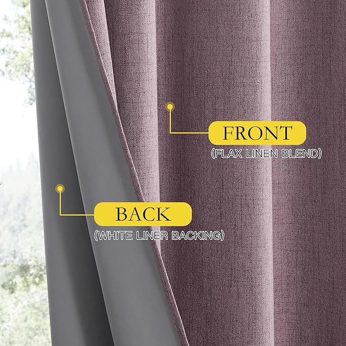 NICETOWN Chaise Mauve Vintage Linen 100% Blackout Curtains for Living Room, Thermal Insulated Curtains 45" Long, Noise Reducing Window Treatment Drapes for Hall Room, 52" Wide Per Panel, Set of 2
