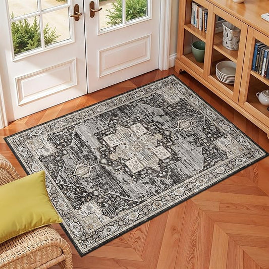 RUUGME Black Washable Entry Rug : 3x4 Rugs for Entryway Kitchen Bathroom Indoor - Soft Stain Resistant Carpets Distressed Floor Decor Mat 3x4 Black