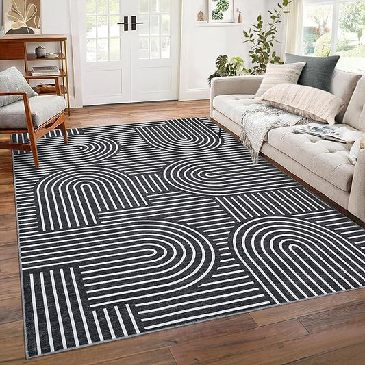 ROYHOME Washable Rug 8x10 Area Rugs for Living Room, Abstract Rug for Bedroom, Soft Rainbow Non Slip Throw Rugs with Rubber Back, Low Pile Stain Resistant Boho Geometric Carpet for Dining Room, Black