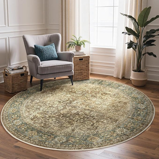 Bavni Round Rug 5ft-Machine Washable Area Rugs Non-Slip for Bedroom, 5x5 Vintage Floral Rug Distressed Throw Carpet for Living Room Nursery Kitchen Bathroom, Green
