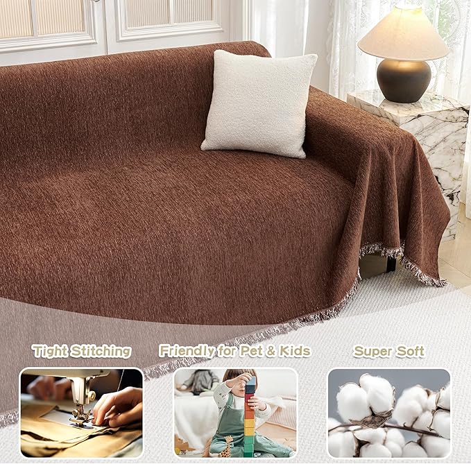 MYSKY HOME Couch Cover for Dogs Washable Couch Covers for 3 Cushion Couch Sofa Super Soft Sofa Slipcover Non Slip Sofa Cover, Chenille Sofa Covers for Dogs, Furniture Protector, 71"x150", Chocolate