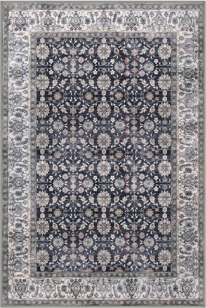 KUTA 5x7 Area Rugs, Vintage Washable Rugs for Living Room Grey Black Beige Ultra Thin Soft Non-Slip Printed Distressed Traditional Farmhouse Carpet for Bedroom Dining Room Dorm Office Home