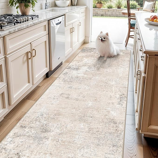 4x10 ft Extra Wide Hallway Rug – Non-Slip Washable Large Carpet Runner for Kitchen, Indoor Entryway, Modern Abstract Low-Pile Thin Floor Mat for Bedroom, Living Room, Dining Room (Beige Grey,4x10)