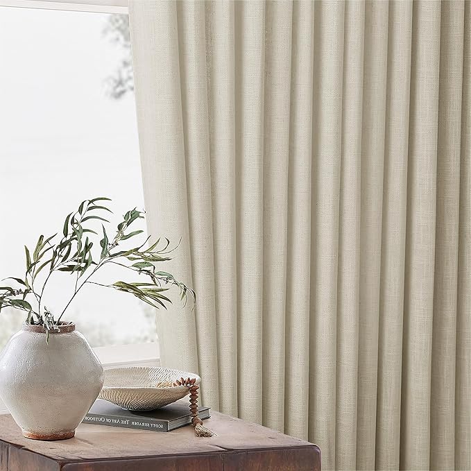 Beige Pinch Pleated Linen 72 Inch Curtains 2 Panels for Living Room Bedroom Memory Training Shaped Neutral Semi Sheer Short Pleat Drapes with Hooks Rings Back Tab Window Curtain Cabin Closet 40x72