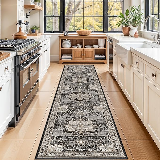 Washable Hallway Runner Rug 2x10 - Stain Resistant Kitchen Rugs with Non Slip Backing Soft Low Pile Carpet for Bedroom Laundry Entryway Ultra-Thin Vintage Home Decor Floor Mat for Bathroom 2X10 Black