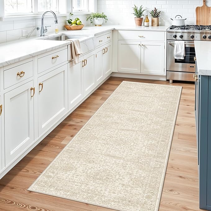 3x10 Ft Hallway Runner Rug – Non-Slip Washable Long Carpet Runner for Kitchen Indoor Entryway & Bathroom, Vintage Distressed Low Pile Thin Floor Mat (Ivory Beige)