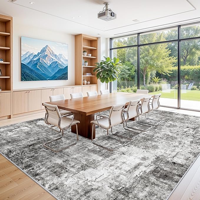 12x15 Area Rug for Living Room – Large Modern Neutral Abstract Thin Washable Carpet, Soft Low Pile Non-Slip Stain-Resistant for Bedroom Dining Room Home Office (Grey)