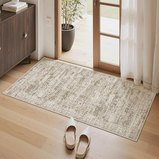 Soalmost 2x4 Washable Rugs for Kitchen, Floor, Entryway, Powder Room Small Area Rug Non-Slip Vintage Low Pile Throw Door Mat Brown