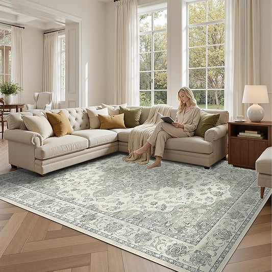 Green 8x10 Washable Large Area Rug, Non-Slip Soft Ultra-Thin Polyester Carpet with Vintage Vintage Stain Large Rug for Living Room, Bedroom, Dining Room & Open-Concept Spaces Oeko-TEX - Green