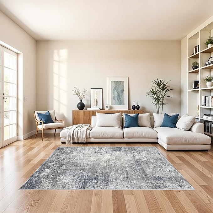 5x8 Washable Rug Living Room - Non-Slip Modern Abstract Neutral Indoor Rug for Bedroom Kitchen Dining Room - Low Pile Soft Carpet（Blue Grey,5x8）