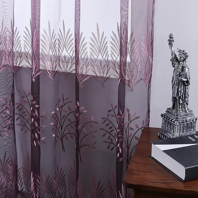 DONREN Tree Branch Printed Embroidery Sheer Curtains for Bedroom - Luxury Plum Purple Embroidery Sheer Curtain Panels for Living Room (W 52 x L 84 Inch,2 Panels)