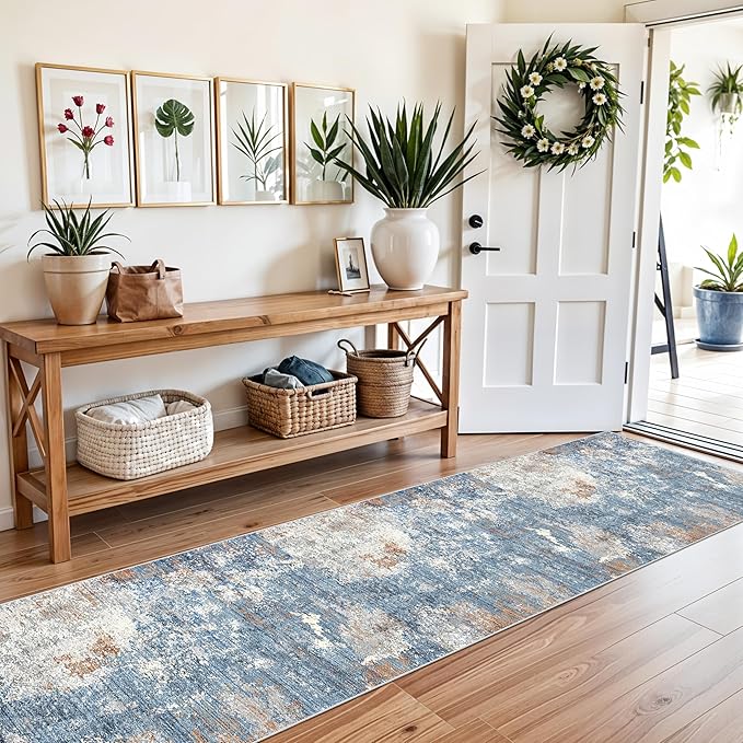 2x10 ft Washable Hallway Runner Rug – Non-Slip Low-Pile Long Carpet Runner for Kitchen Entryway Living Room Bedroom Bathroom, Modern Abstract Neutral (Blue Rust,2x10)