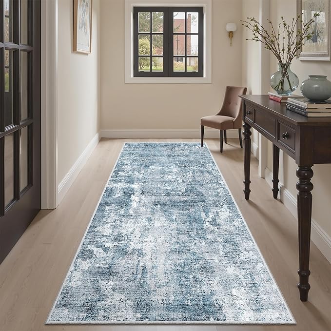Soalmost Runner Rug 3x6 Washable Non-Slip Kitchen Runner Rugs for Bathroom Laundry Room Blue/Grey Vintage Floor Carpet Runners for Hallway Entryway