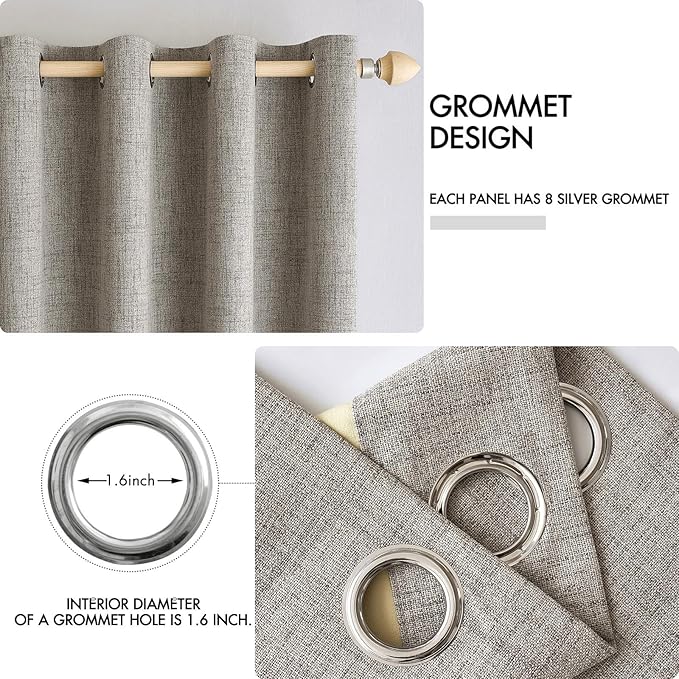 MIULEE Linen Curtains for Bedroom Solid 100% Blackout Thermal Insulated Greige Curtains Grommet Room Darkening Drapes for Living Room Nursery 52x63 Inch (2 Panels)