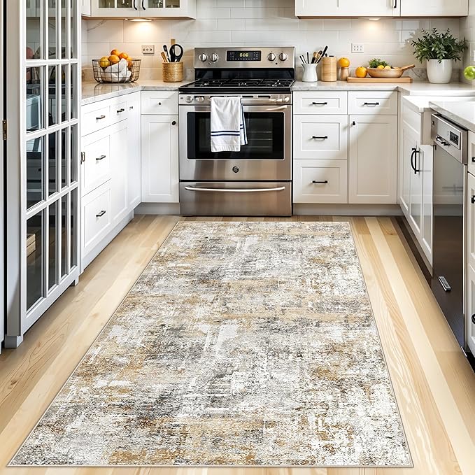 4x8 Washable Area Rug – Non-Slip Rubber Backed Indoor Rug for Entryway, Kitchen, Hallway | Modern Abstract Neutral Low Pile Thin Floor Mat for Bedroom, Living Room, Office (Gold Grey)