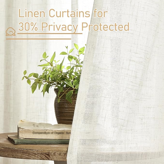 LAMIT Cream Linen Kitchen Curtains 30 Inch Length, Semi Sheer Light Filtering Window Panels Back Tab and Rod Pocket Drapes for Basement/Small Windows, 25 x 30 Inch, 2 Panels