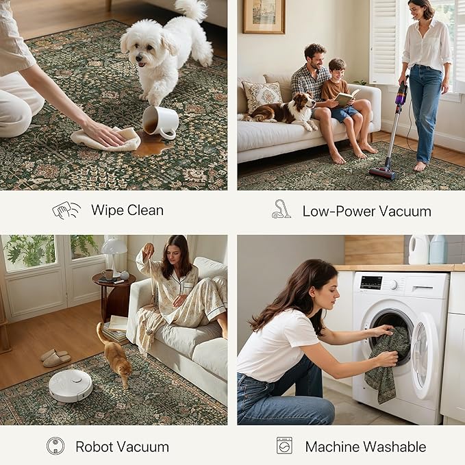 Bavni Washable Rugs 4x6-Machine Washable Rug Lightweight Low Pile, Vintage Floral Rug Non-Shedding Distressed Throw Carpet for Living Room Bedroom Office, Dark Green/Multi