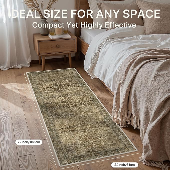 Bavni 2X6 Rug Runners for Hallways, Washable Runner Rug Non Slip, Vintage Floral Print Style Rugs for Bedroom-Lightweight Low Pile Carpet for Kitchen Bathroom,Green