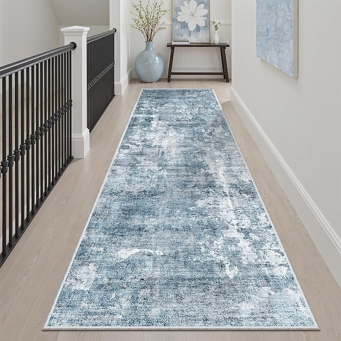 Soalmost Washable Runner Rug, 2'6" x 8' Non-Slip Kitchen Vintage Foldable Hallway Runners for Entryway, Laundry, Bedroom, Blue