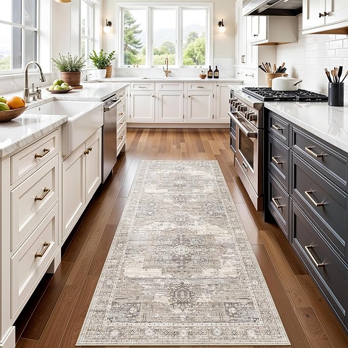 3x7 Runner Rug for Hallway Kitchen - Washable Ultra-Thin Soft Carpet for Entryway,Laundry Room,Bedroom - Vintage Non Slip Stain Resistant - Low Pile Oriental Home Decor 3x7 Beige