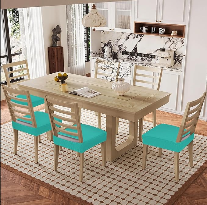 Smiry Waterproof Seat Covers for Dining Room Chairs Set of 6, Stretch Jacquard Removable Washable Chair Seat Slipcovers Protector, No Rear Covers, Teal