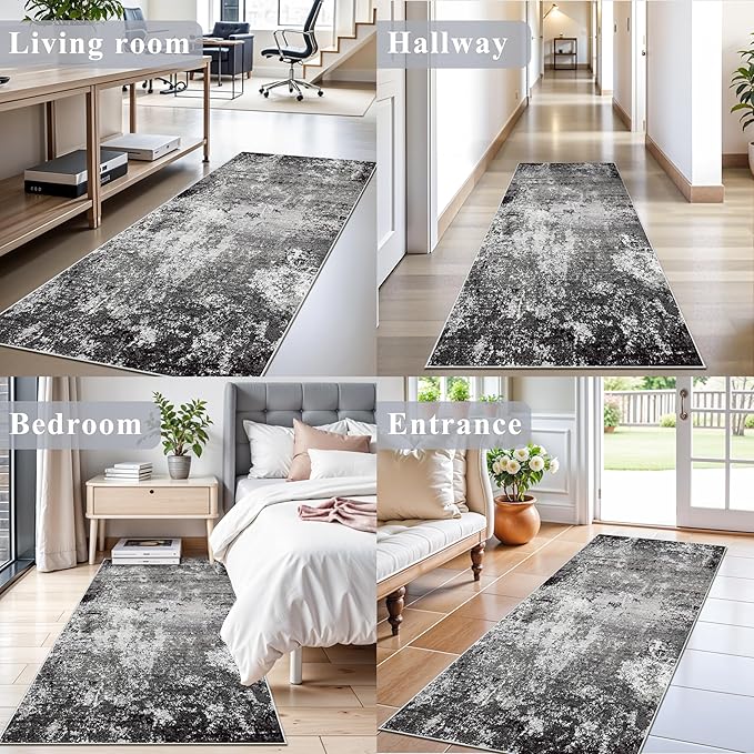 3x6 Non-Slip Washable Kitchen Rug - Soft Wide Indoor Carpet Runners for Entryway, Hallway, Bathroom with Rubber Backing, Modern Distressed Low-Pile Thin Floor Runner (Black Grey,3x6)