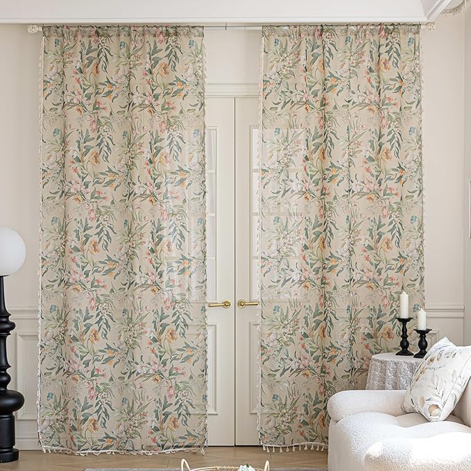 Floral Sheer Curtains 63 inch Long, Fringed Edges and Textured Semi Sheer Curtains Large Window Treatments for Living Room/Bedroom, 2 Panels