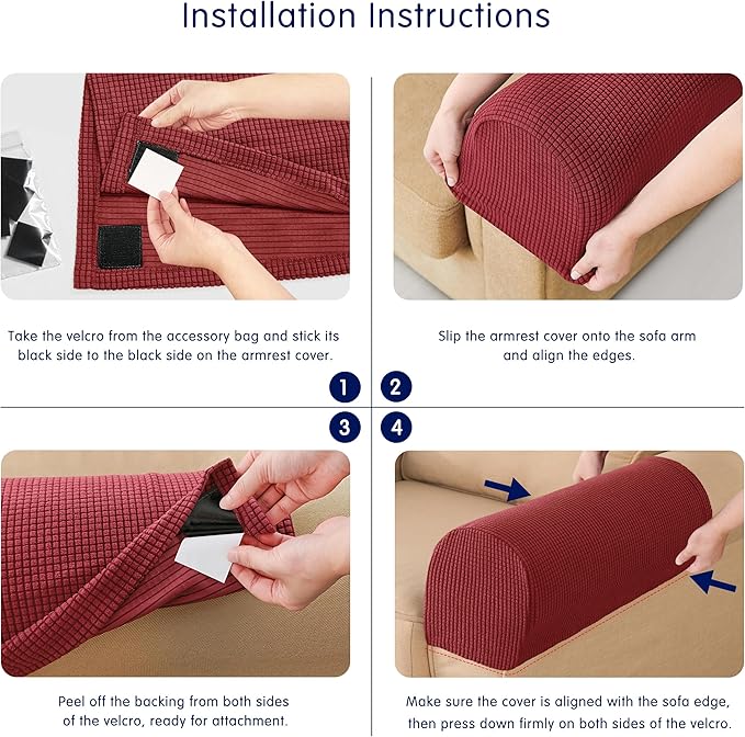 SUBRTEX Stretch Couch Arm Covers Set of 2, Checkered Sofa Arm Slipcovers, Anti-Slip Armrest Covers for Recliner and Armchairs, Pet Proof, High Stretchy, Hook & Loop Tape, Wine