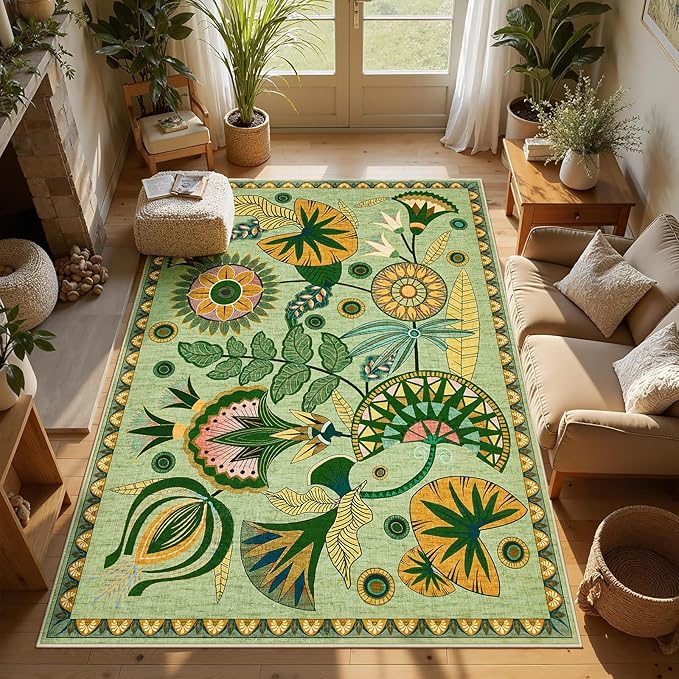 Joydeco Egypt Floral Boho Washable 5x7 Rug for Bedroom Nursery, Sage Green Vintage Living Room Playroom Area Rug Non Slip, Colorful Throw Carpet for Dining Room Kitchen Entryway Dorm