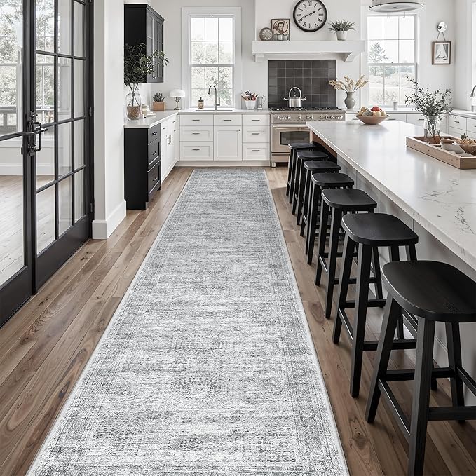 Soalmost Runner Rug 2'6" x 14' Washable Non-Slip Runner Rugs for Kitchen Bathroom Laundry Room Vintage Ultra Thin Runners for Hallway Entryway Grey