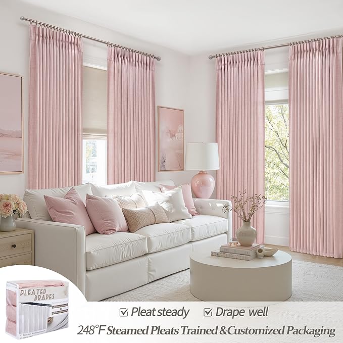 Baby Pink High Ceiling 102 Inches Long Curtains 2 Panels Set for Sliding Glass Door, Beautiful Pinch Pleated Linen Sheer Dining Room Curtain Privacy Light Filtering 100-102 Inch Large Window Drapes
