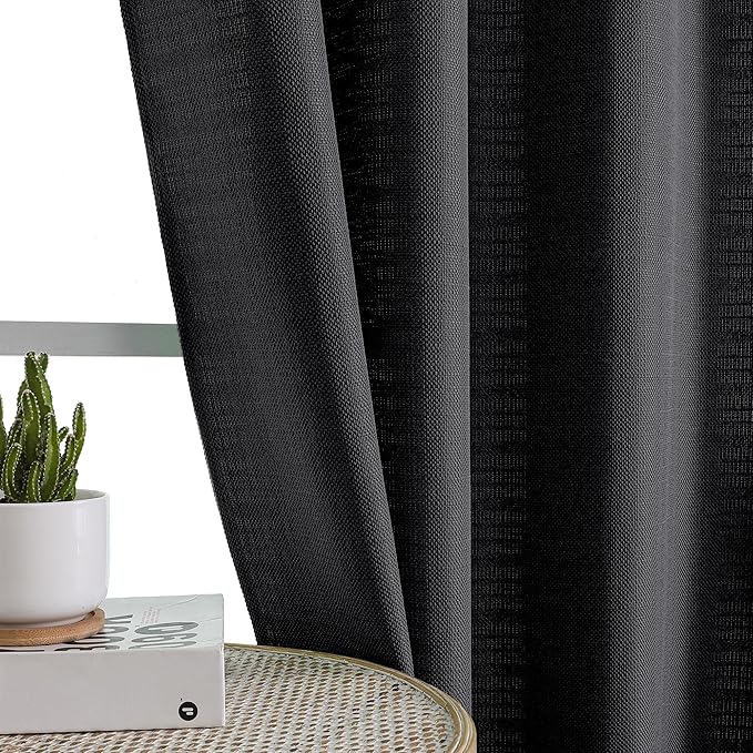 Chyhomenyc Black Curtains 96 Inch Length 2 Panels, Faux Linen Textured Semi Sheer Light Filtering Airy Soft Privacy Farmhouse Curtain Drapes for Living Room Bedroom, Each 40" Wx96 L