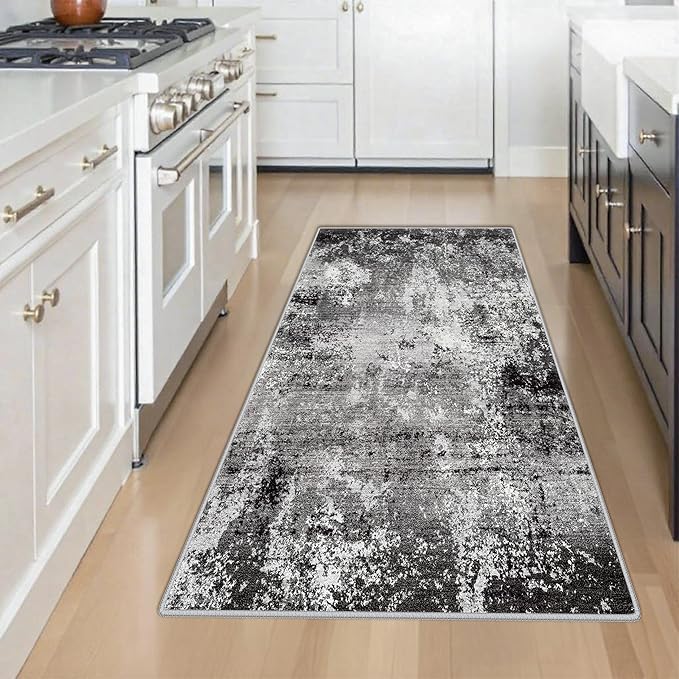 4x6 Washable Non-Slip Area Rug – Modern Abstract Neutral Small Carpet for Indoor Entryway, Kitchen, Bedroom, Living Room, Office – Low-Pile Thin Throw Rugs (Black Grey,4x6)