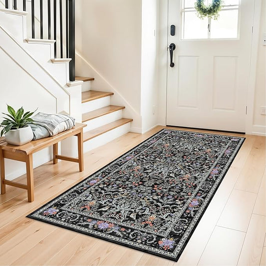 3x6 Washable Non-Slip Kitchen Runner Rug – Vintage Botanical with Animals Wide Floor Carpet Runner with Rubber Backing for Entryway, Hallway, Bathroom, Living Room, Low Pile Thin (Vibrant Black)