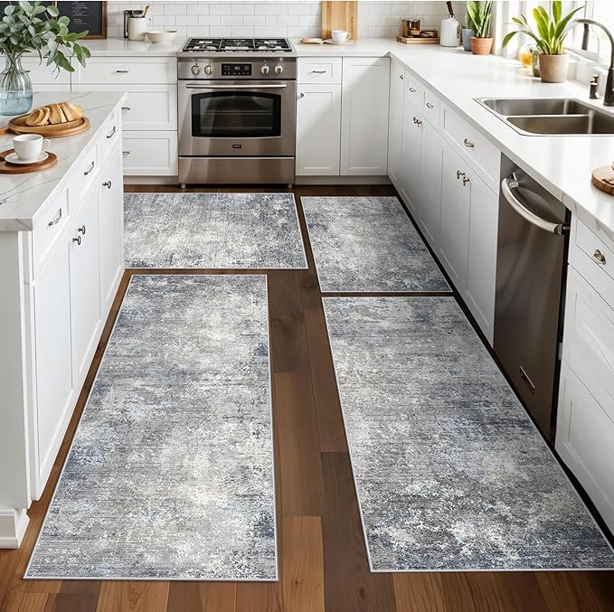 Kitchen Rug Set 4-Piece with Runner – Washable Non-Slip Floor Mats for Sink,Entryway,Hallway,Bathroom – Modern Abstract Neutral Soft Throw Rugs(Blue Grey,2x3+2x4+2x5+2x6)