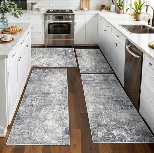 Kitchen Rug Set 4-Piece with Runner – Washable Non-Slip Floor Mats for Sink,Entryway,Hallway,Bathroom – Modern Abstract Neutral Soft Throw Rugs(Blue Grey,2x3+2x4+2x5+2x6)