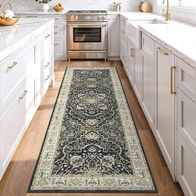 Washable Hallway Runner Rug - 3x8 Kitchen Rug Distressed Low Pile Mats Non Slip Soft Rugs for Dining Room with Rubber Backing Bedroom Runner with Vintage Design (Black 3x8)