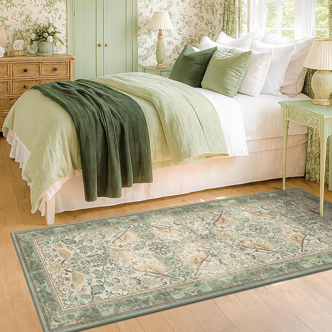 Hazo Haus Boho Long Bathroom Runner Rug 2x6 - Floral & Bird Runner Rug for Kitchen Floor, Hallway, Laundry Room, Bedroom, Entrance, Sage Green Vintage Decor, Washable Non Slip Low Pile - Light Green