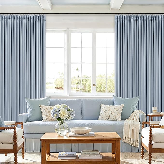Blue Linen Blackout Pleated 86 Inch Curtains for Living Room Darkening Pinch Pleat 100% Black Out Drapes Thermal Insulated Soundproof Modern Coastal Light Dusty Blue 86 Inch Curtain for Baby Bedroom