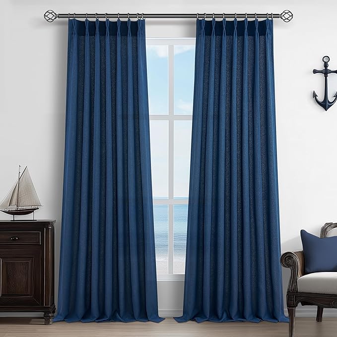 Pinch Pleated Denim Blue Curtains 102 Inches Long for Sliding Glass Doors 2 Panels Set, Modern Natural Linen Blend Memory Trained Pleat Sheer Window Drapes with Hooks Ring for Office 40"W x 102"L Navy