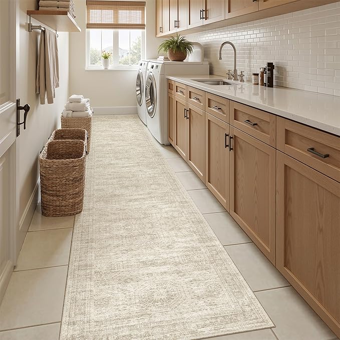 Soalmost Runner Rug 2x12 Washable Non-Slip Hallway Runner Rugs for Kitchen Bathroom Laundry Room Beige Vintage Floor Carpet Runners for Hallways Entryway