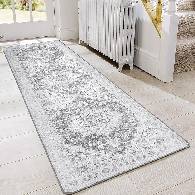 GENIMO Runner Rug for Hallways Machine Washable, 2x10 Non Slip Boho Vintage Lightweight Washable Runners, Thin Floor Rugs for Entryway Hallway Bathroom Laundry Room Corridor, Gray White
