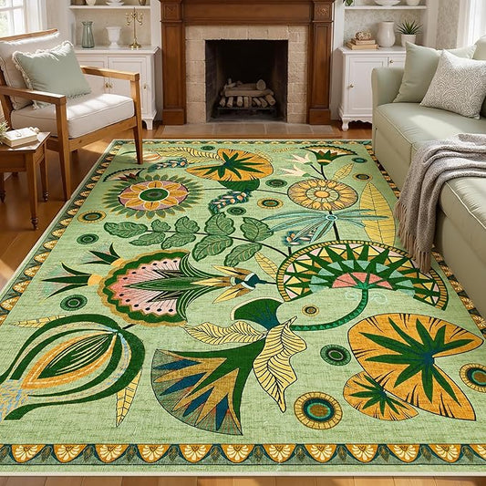 Joydeco Egypt Floral Boho Living Room Area Rug 6x9, Sage Green Washable Area Rug for Bedroom Dining Room Table, Non Slip Vintage Indoor Throw Carpet for Playroom Nursery Dorm Classroom, Green