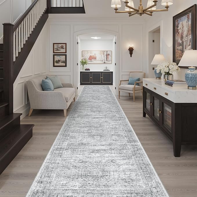Soalmost Hallway Runner 3x14 - Runner Rugs 14ft Washable Entryway Rug Vintage Kitchen Runners Non Slip Indoor Rug Farmhouse Carpet Runner for Bathroom Living Room Bedroom, Grey