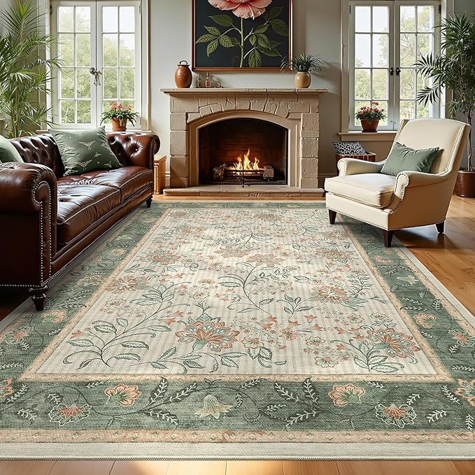 GarveeHome Large Area Rugs 10x13 for Living Room, Sage Green Washable Rug Soft Non Slip Floor Mat Carpet Indoor Botanical Floral Rug for Bedroom Dining Room Playroom Nursery Home Decor
