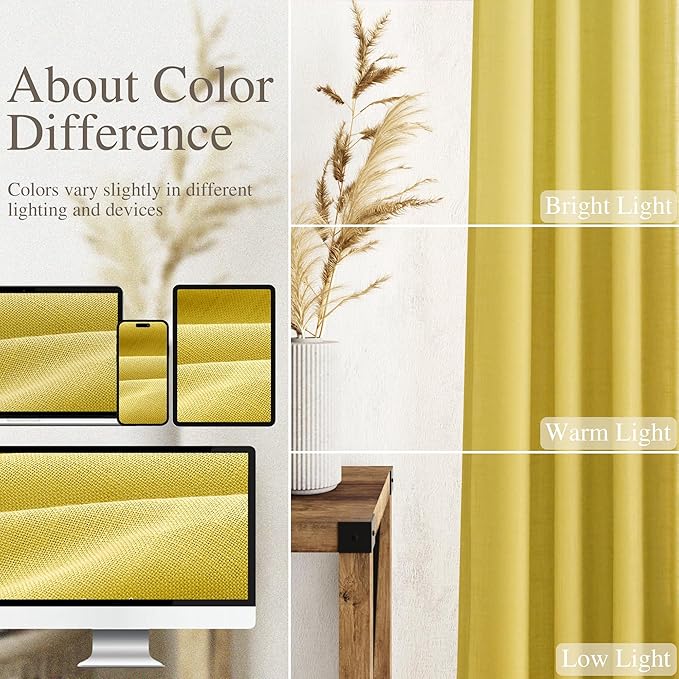Nanspring Celery Yellow Linen Curtains 108 Inches Long 2 Panels Set Back Tab Loop Pocket Light Filtering Semi Sheer Boho Large Window Decor for High Ceiling Living Room 52x108