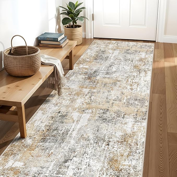 3x15 Ft Long Hallway Runner Rug - Non-Slip Washable Kitchen Runner Rug with Rubber Backing | Modern Abstract Wide Floor Carpet Runner for Indoor Entryway, Bedroom, Living Room (Gold Grey)